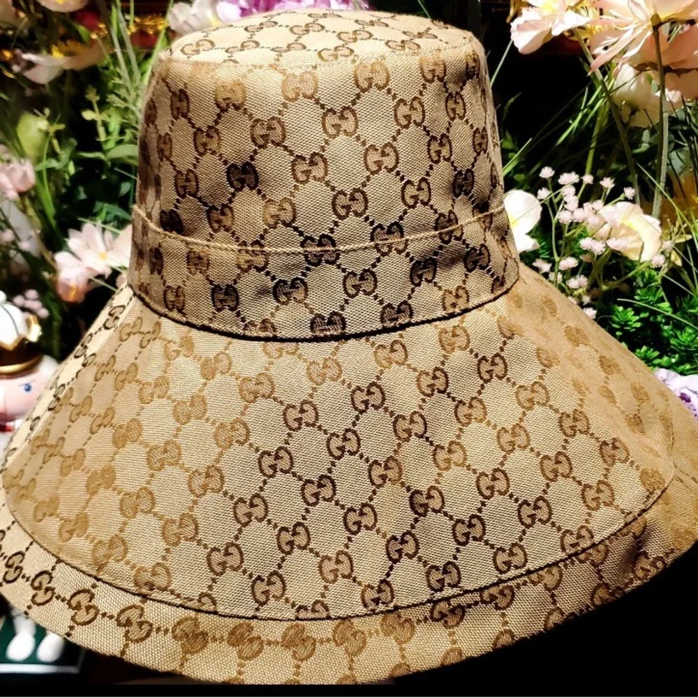 Gucci Beige GG Monogram Bucket Hat Wide Large Brim Tan Canvas Jacquard Logo - Picture 2 of 16